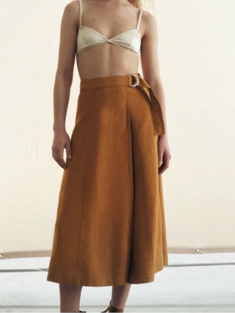 Zara Rust Brown Wrap Midi Skirt with D-Ring Tie